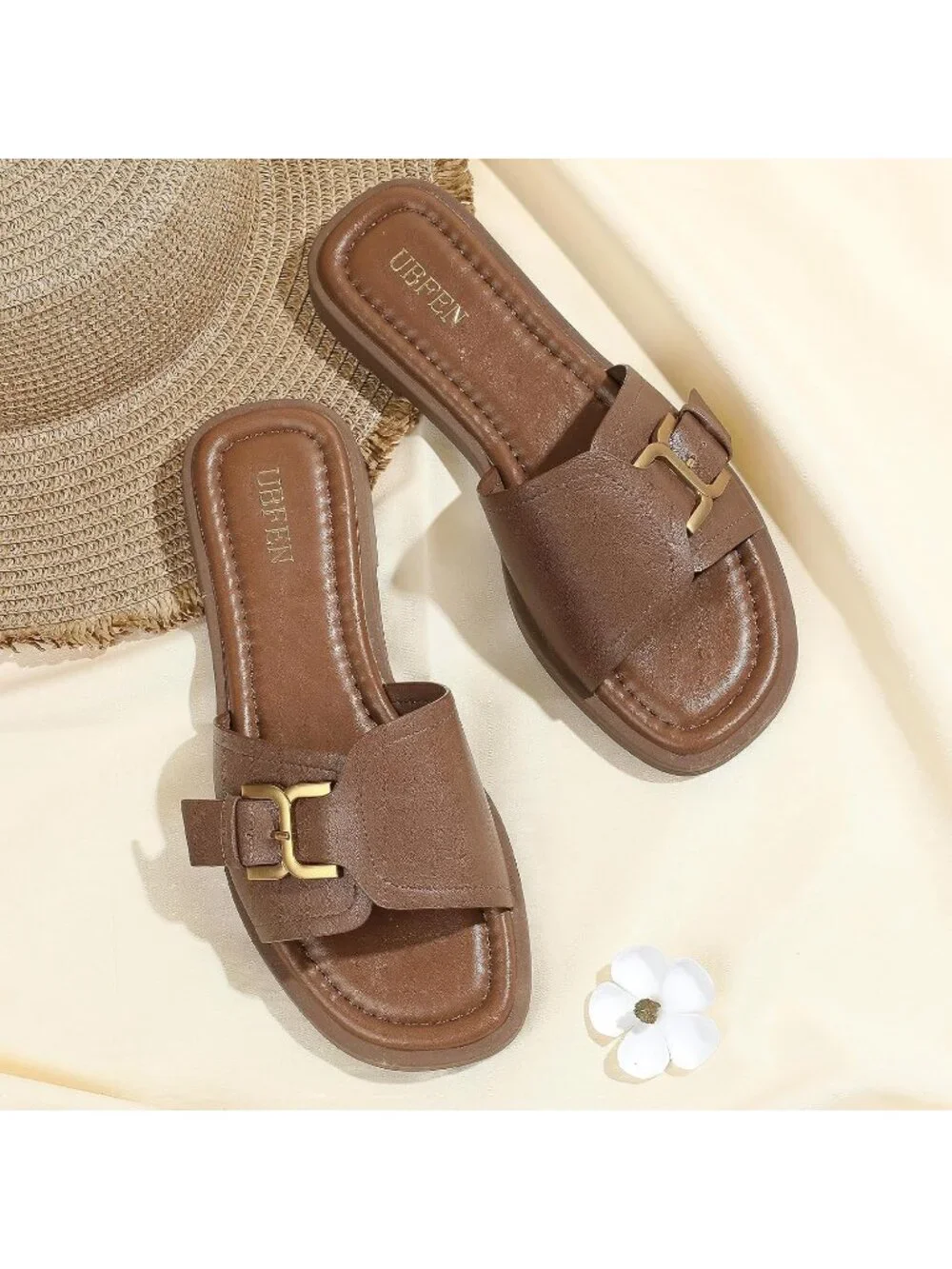 Women's Brown Square Toe Flat Sandals Slides Dressy Comfortable for Beach